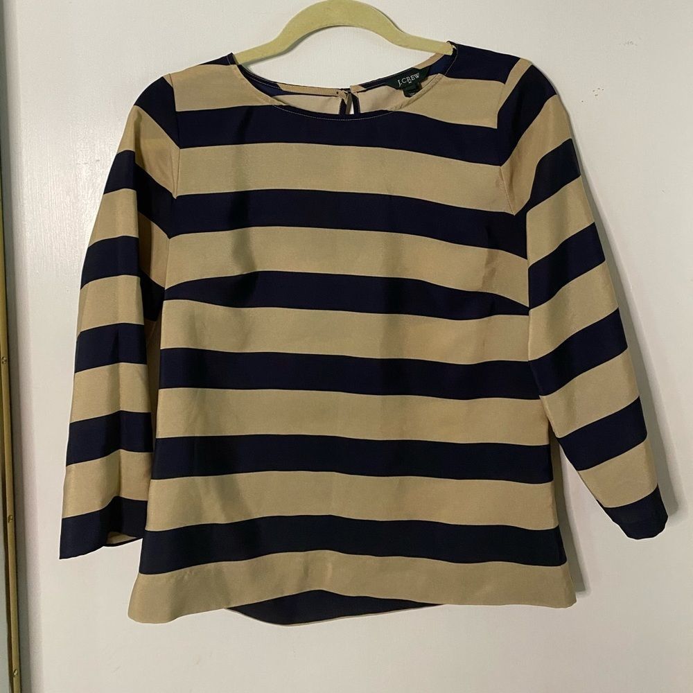 J Crew taupe and navy striped blouse size small